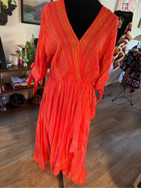Michael Kors Dresses & Skirts - Michael Kors Orange Metallic-Striped Midi Wrap Dress